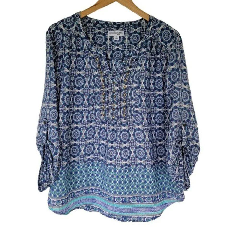 Kim Rogers Tunic Blouse Blue White Geometric Floral Print Women Petite Size PL